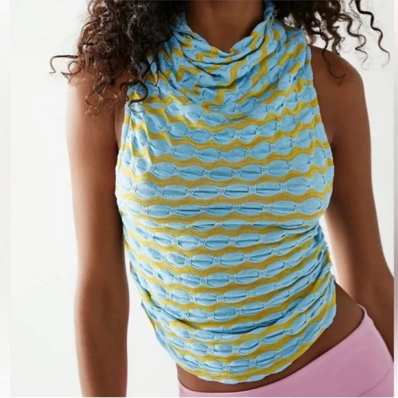 Free People Textured Sleeveless Top in Blue and Yellow - Picture 1 of 5